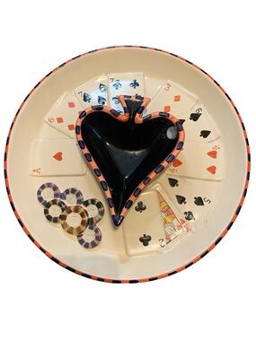VINTAGE 1980 12" World Bazaars 3D PORCELAIN POKER THEME Chip And Dip Platter